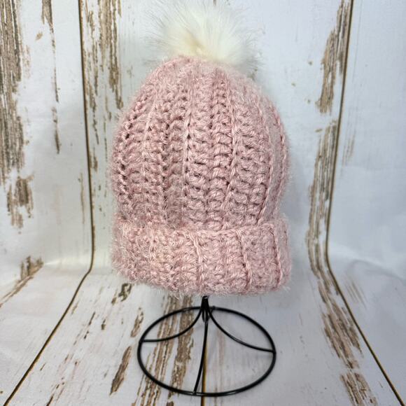 Handmade Accessories - Eyelash Yarn, Chic Pink Chunky Knit Beanie with Pom-Pom. Pristine condition!